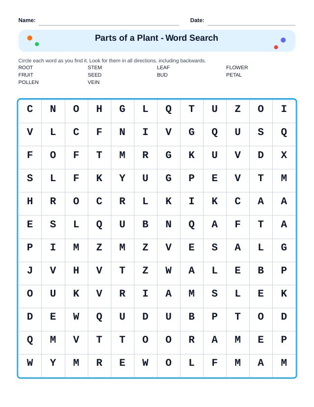Parts of a Plant Word Search