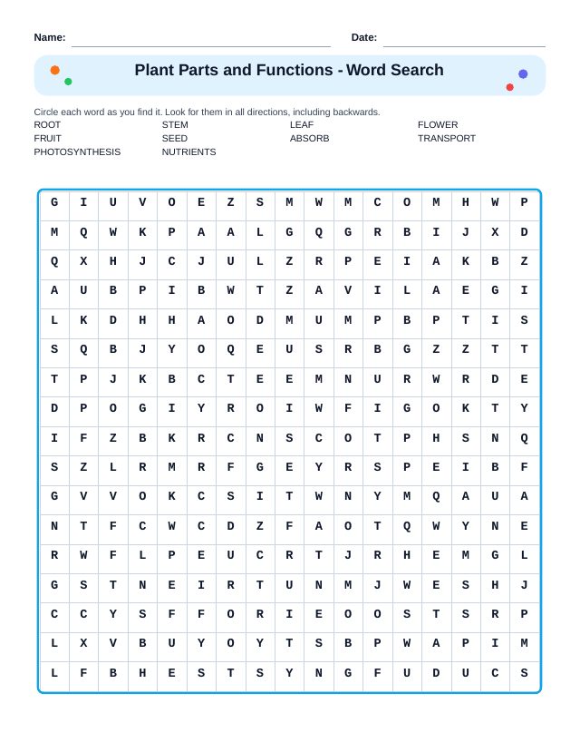 Plant Parts and Functions Word Search