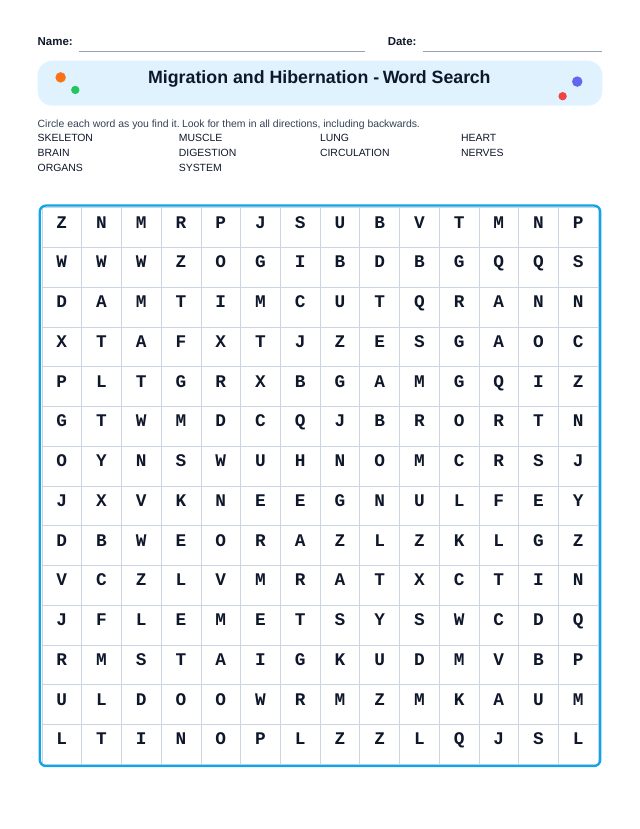 Animal Body Systems Word Search