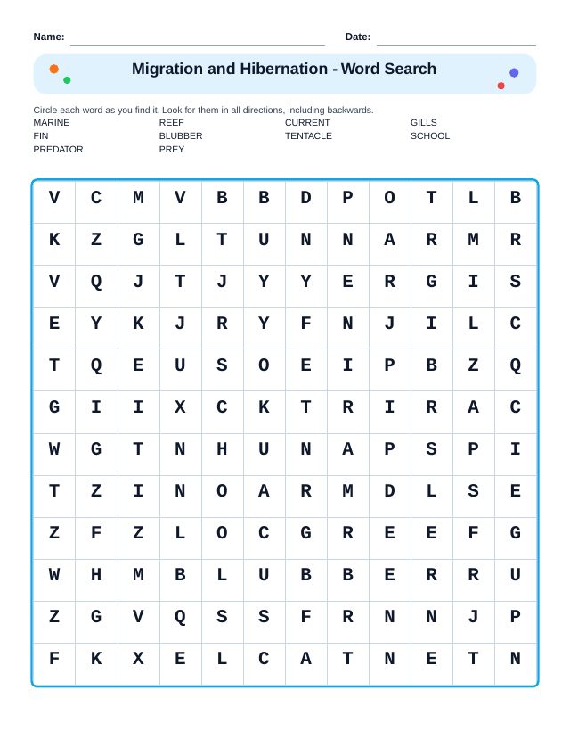 Aquatic and Marine Animals Word Search
