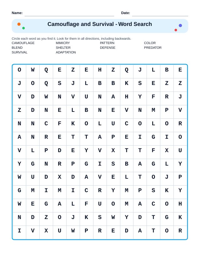 Camouflage and Survival Word Search