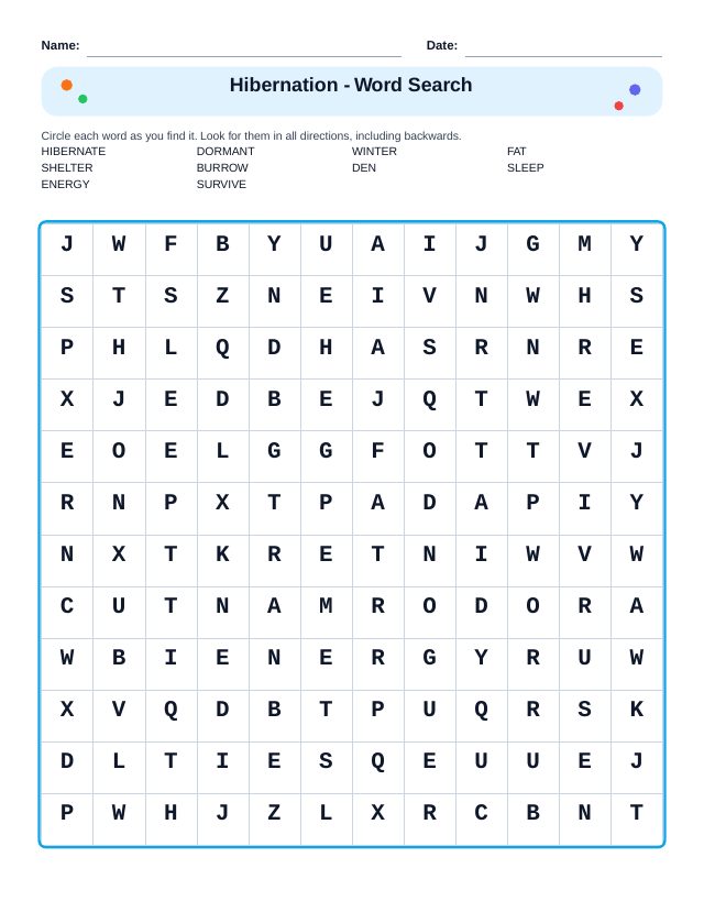 Hibernation Word Search