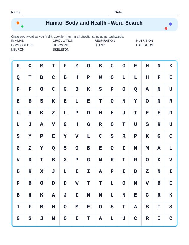 Human Body and Health Word Search