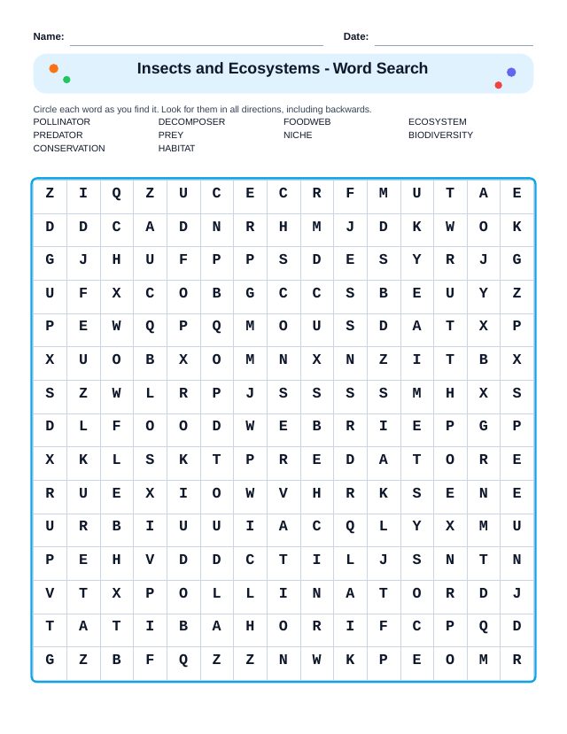 Insects and Ecosystems Word Search