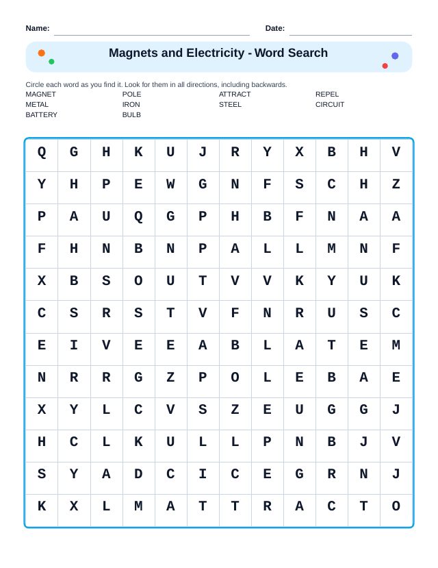 Magnets and Electricity Word Search