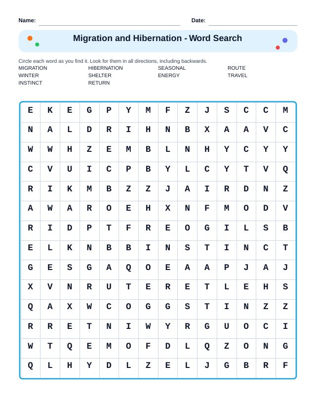 Migration and Hibernation Word Search