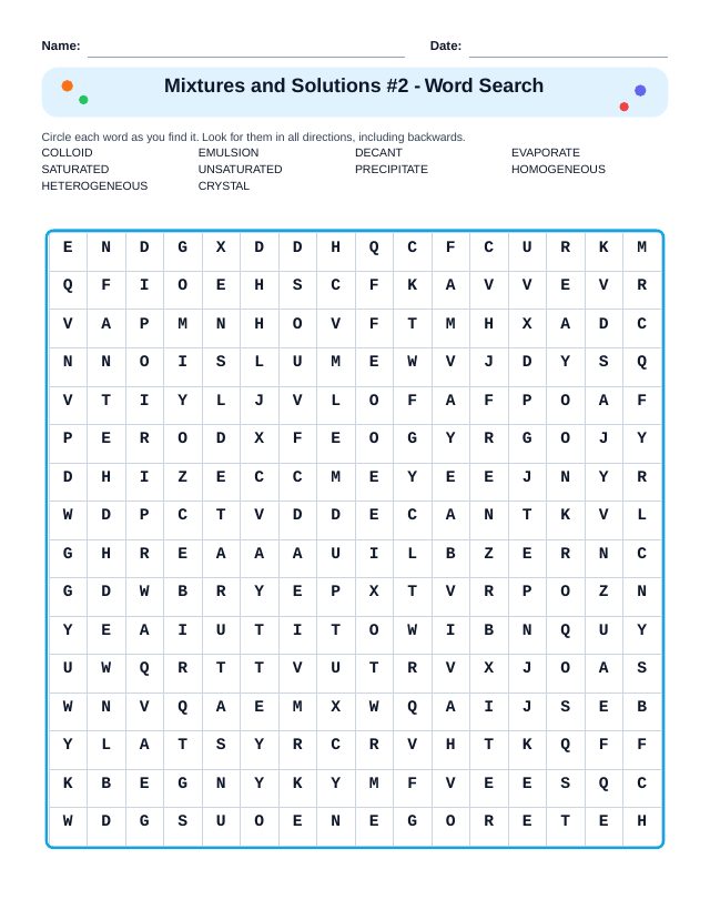 Mixtures and Solutions #2 Word Search