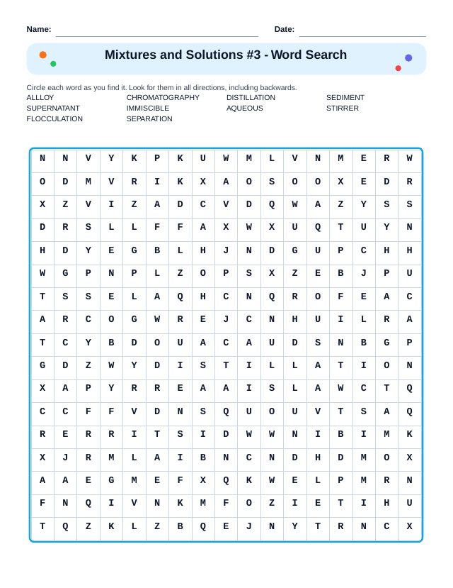 Mixtures and Solutions #3 Word Search