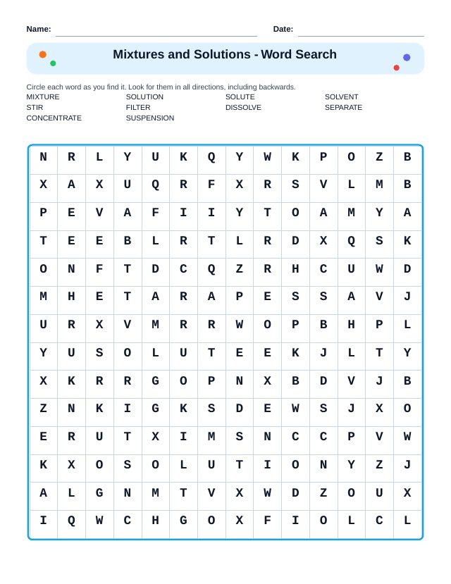 Mixtures and Solutions Word Search