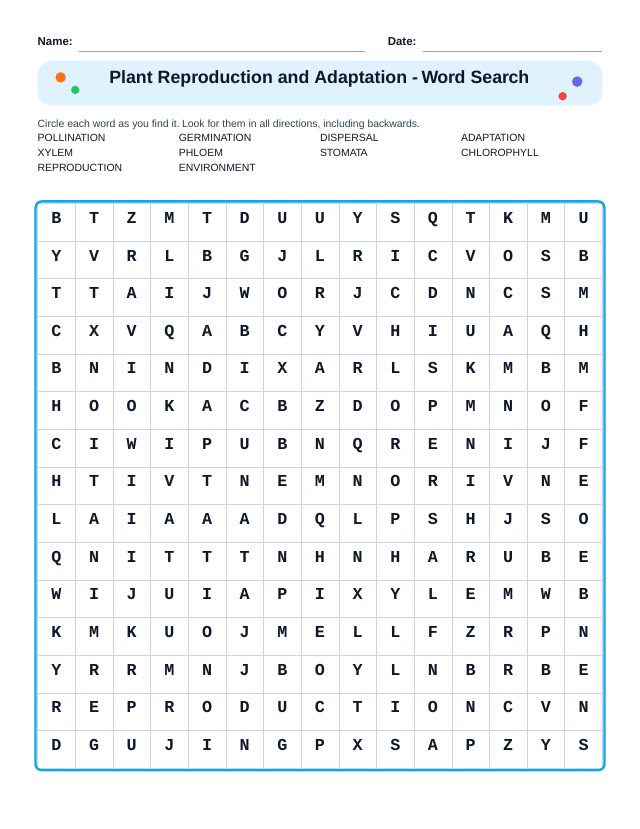 Plant Reproduction and Adaptation Word Search
