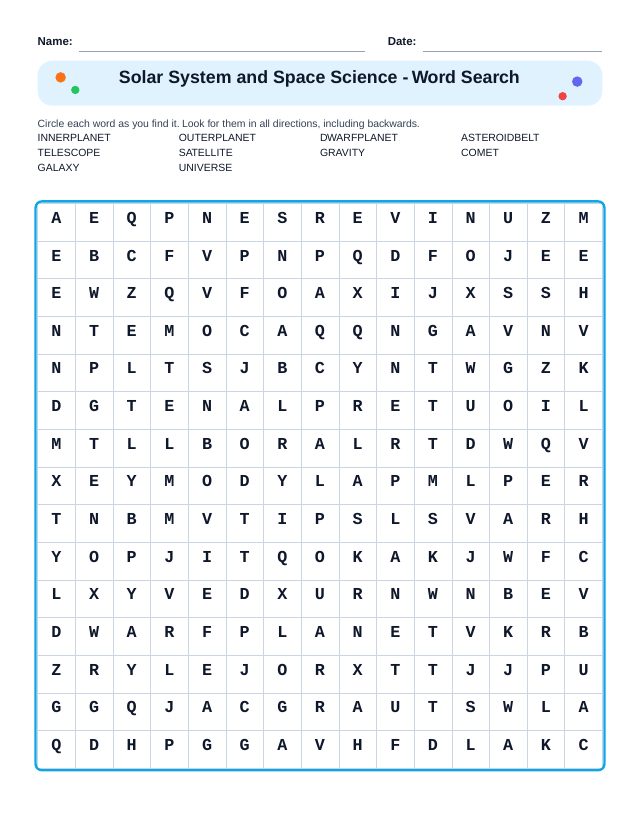 Solar System and Space Science Word Search