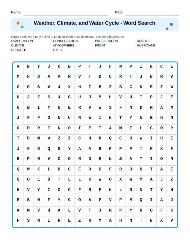 Weather, Climate, and Water Cycle Word Search