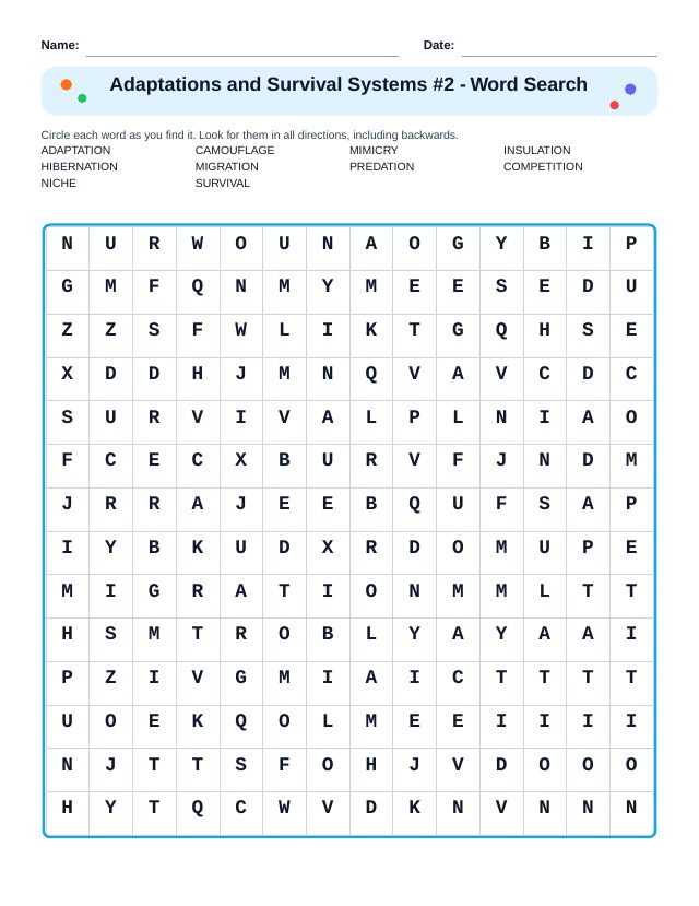 Adaptations and Survival Systems #2 Word Search