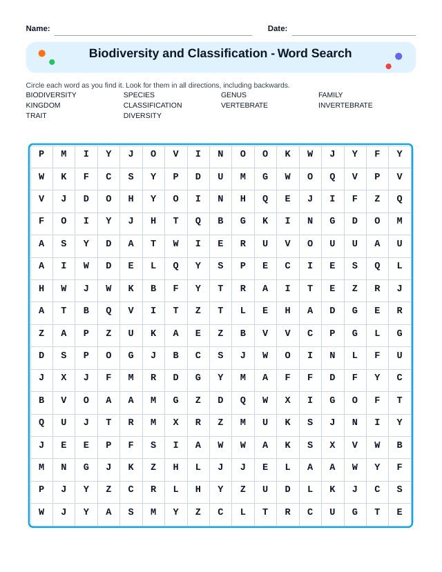 Biodiversity and Classification Word Search