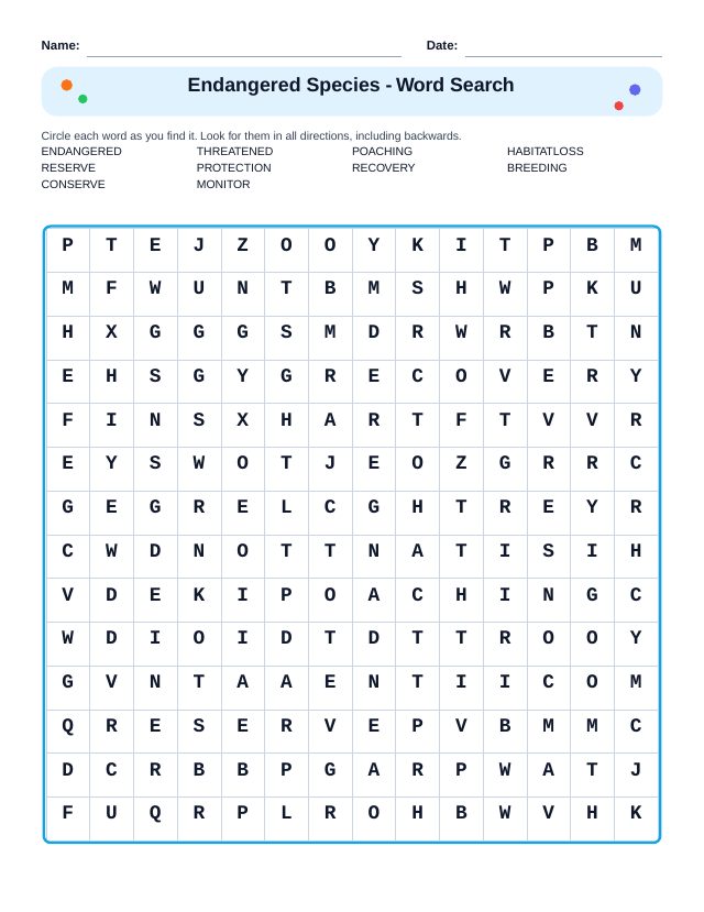 Endangered Species Word Search