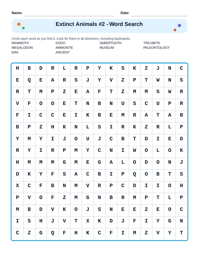 Extinct Animals #2 Word Search