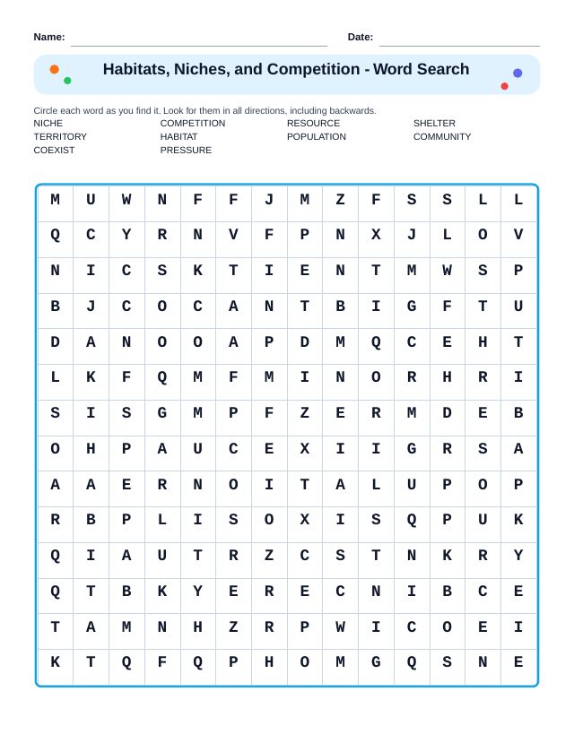 Habitats, Niches, and Competition Word Search