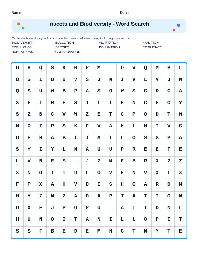 Insects and Biodiversity Word Search