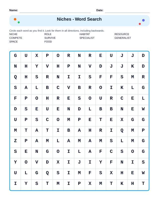 Niches Word Search