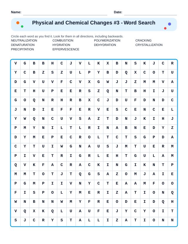 Physical and Chemical Changes #3 Word Search