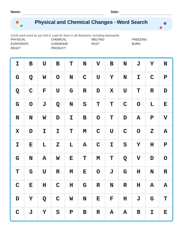Physical and Chemical Changes Word Search