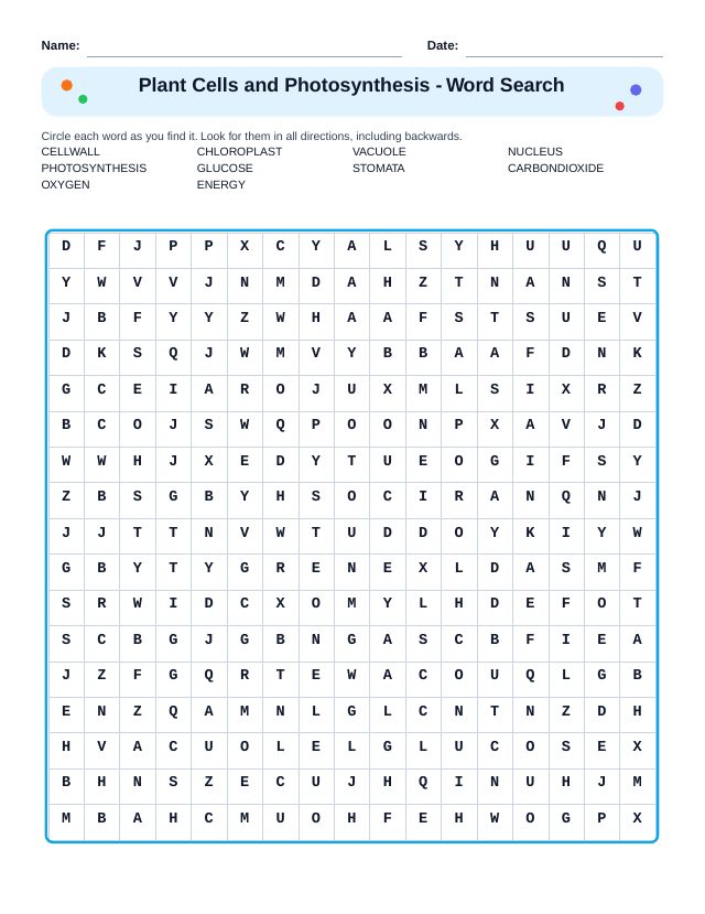 Plant Cells and Photosynthesis Word Search