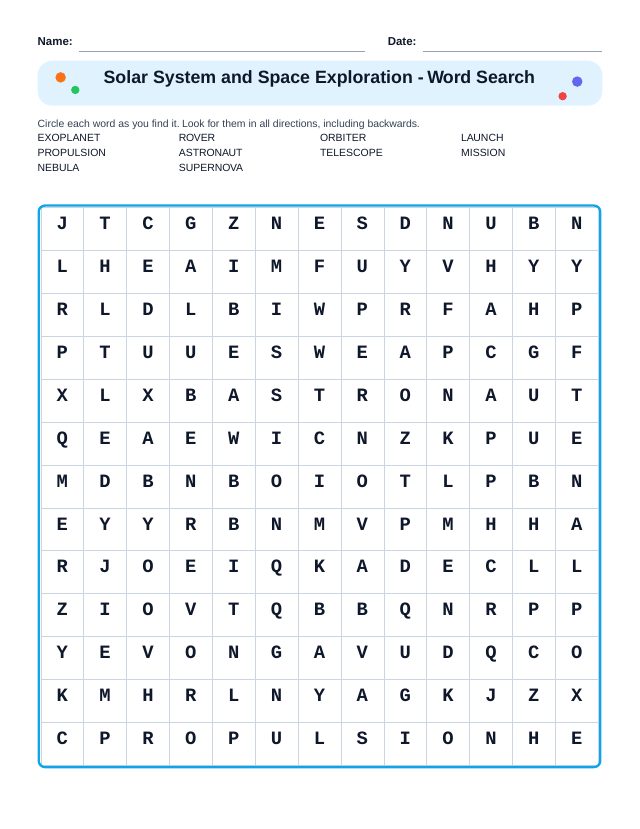 Solar System and Space Exploration Word Search