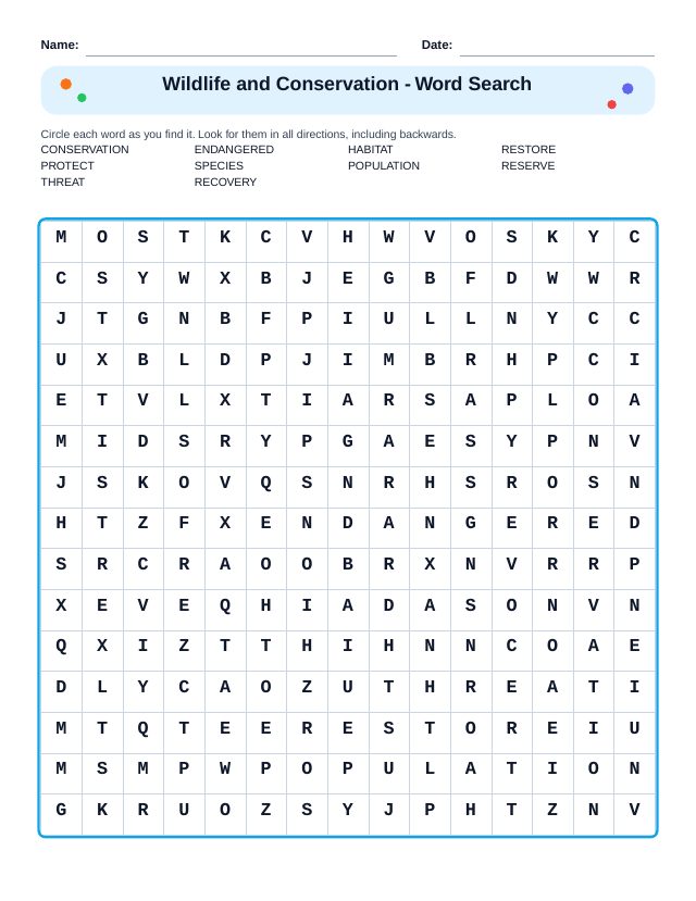 Wildlife and Conservation Word Search