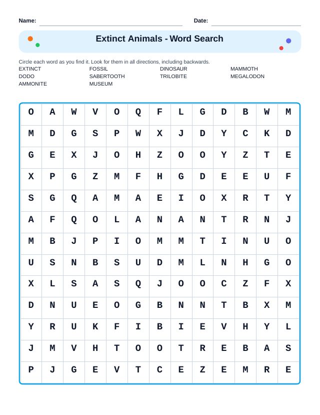 Extinct Animals Word Search